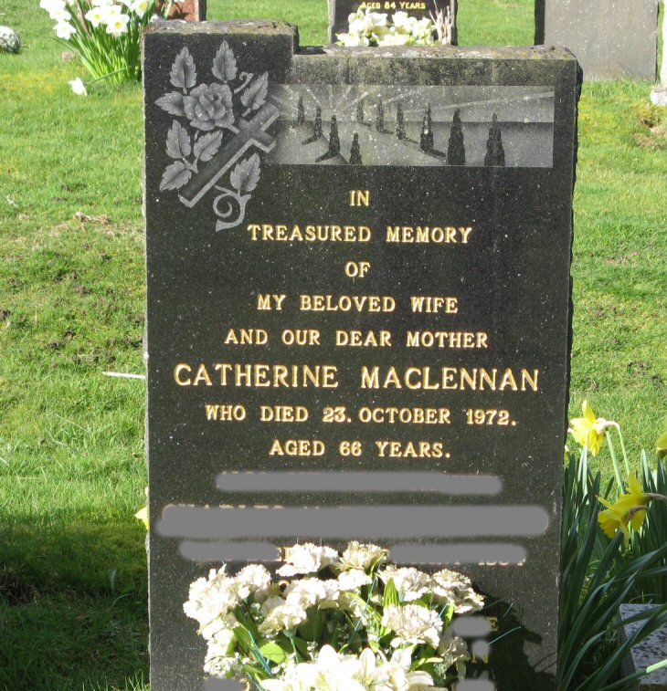 Photo of headstones/Catherine MacLennan (Wood) died 1972 MI Fodderty